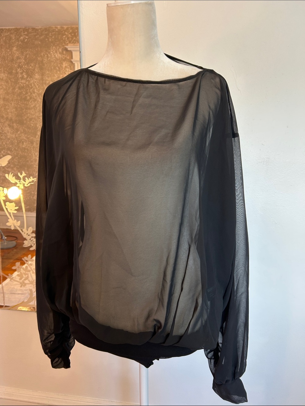 Zara Sheer Black Long-Sleeve Blouson Bodysuit